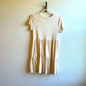 See You Monday Beige Tiered Shirt Sleeve Mock Neck Knee Length Dress Textured XL